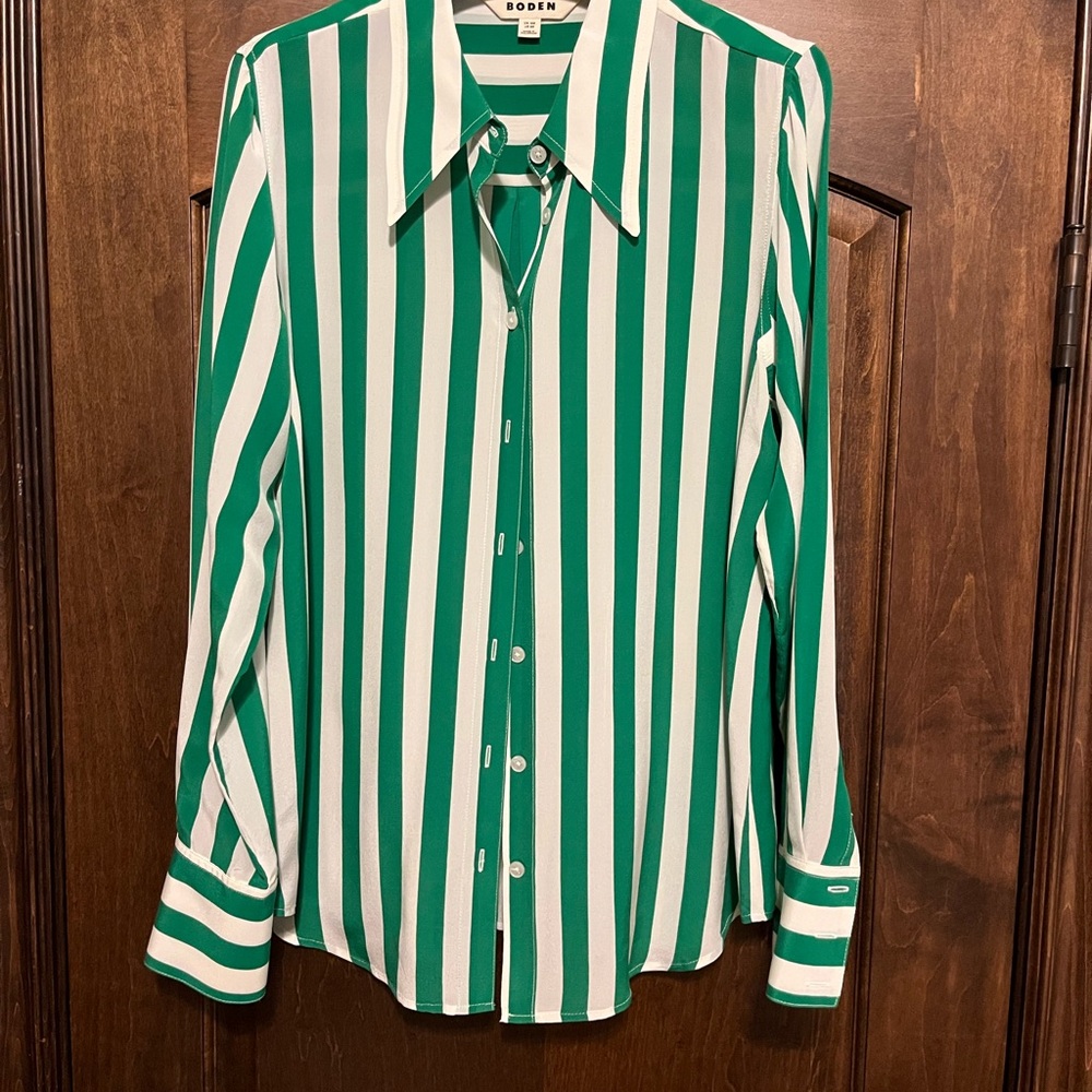 Boden: Sienna Silk Shirt: Green and White